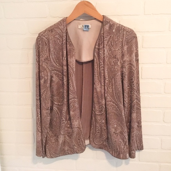 Vintage Formal Cardigan Fairy Bolero Slinky knit Sequin Paisley Taupe Silver L - Picture 1 of 10